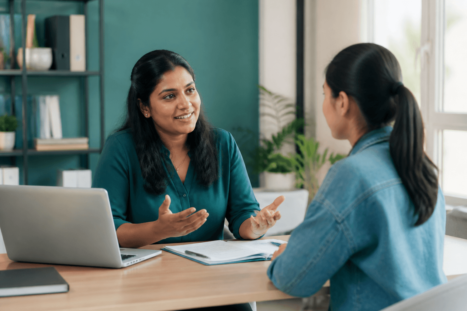 Counsellor advising a student across a desk